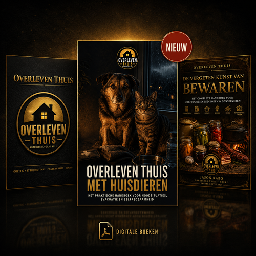 De Overleven Thuis Totaalcollectie – bundel van drie digitale handboeken voor noodvoorbereiding, voedsel bewaren en huisdieren